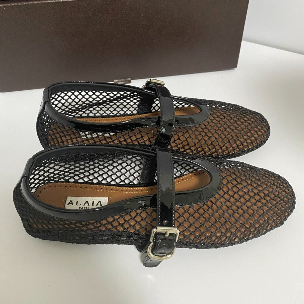 Black and Silver Flats with Mesh Design and Ankle Strap - Picture 7 of 8